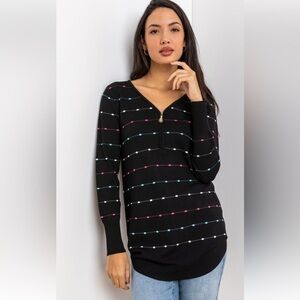 Papillon Blanc Coloured Bobble Knit Zip Detail Black Long Sweater